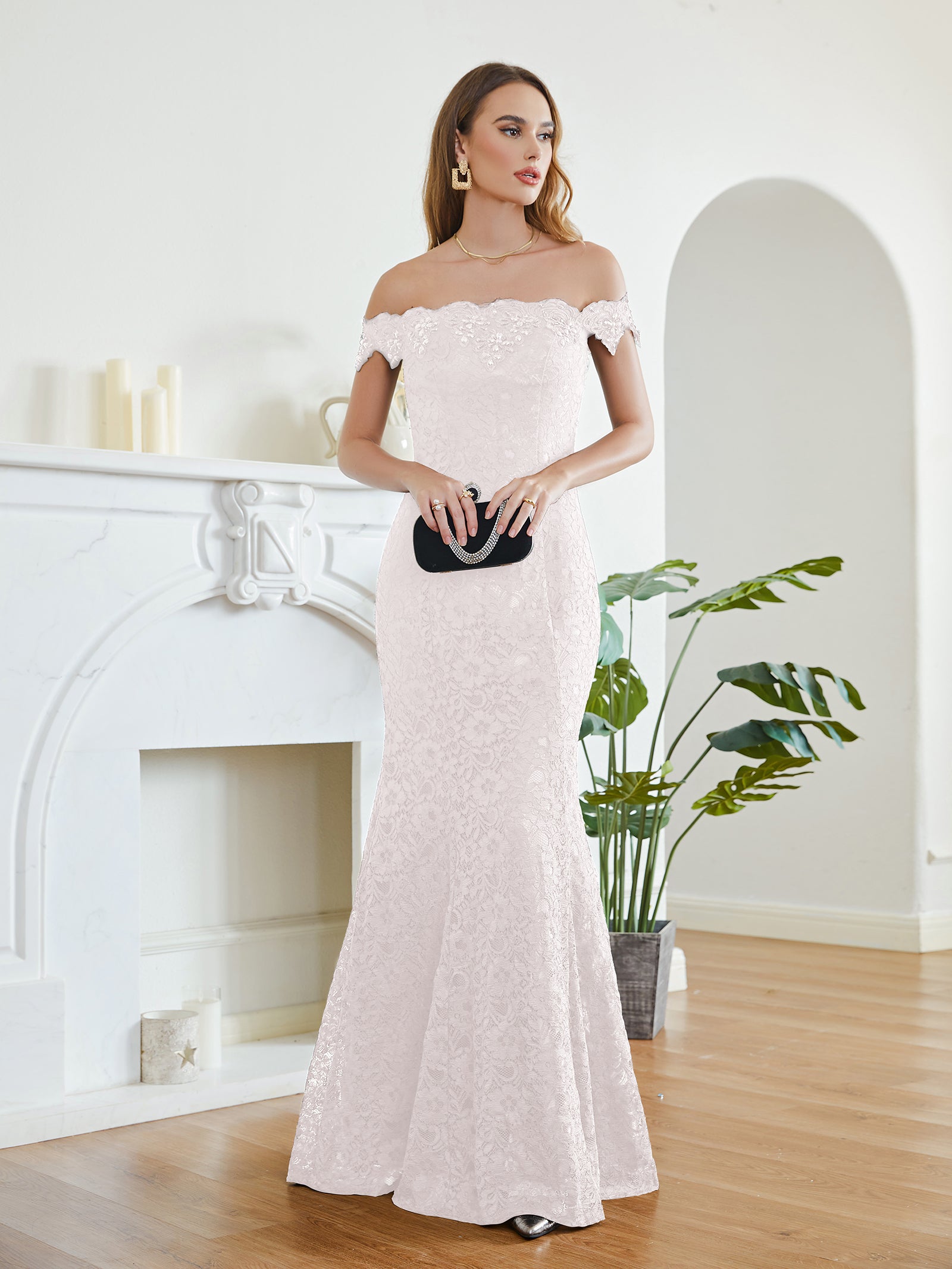Blush Off The Shoulder Lace Mermaid Long Prom Dress
