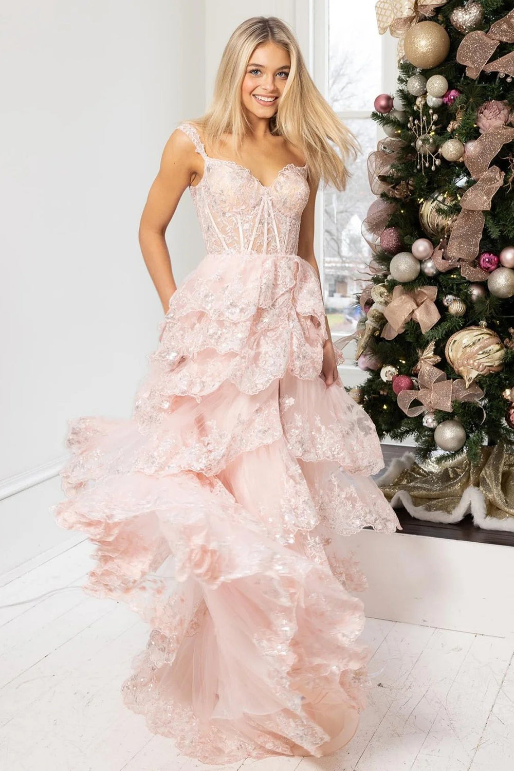 Blush Off The Shoulder Tulle A-Line Long Prom Dress with Slit