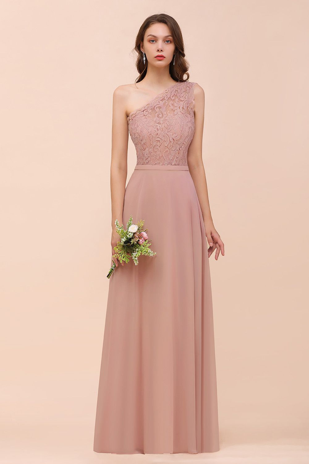 Blush One Shoulder Chiffon A-Line Long Bridesmaid Dress