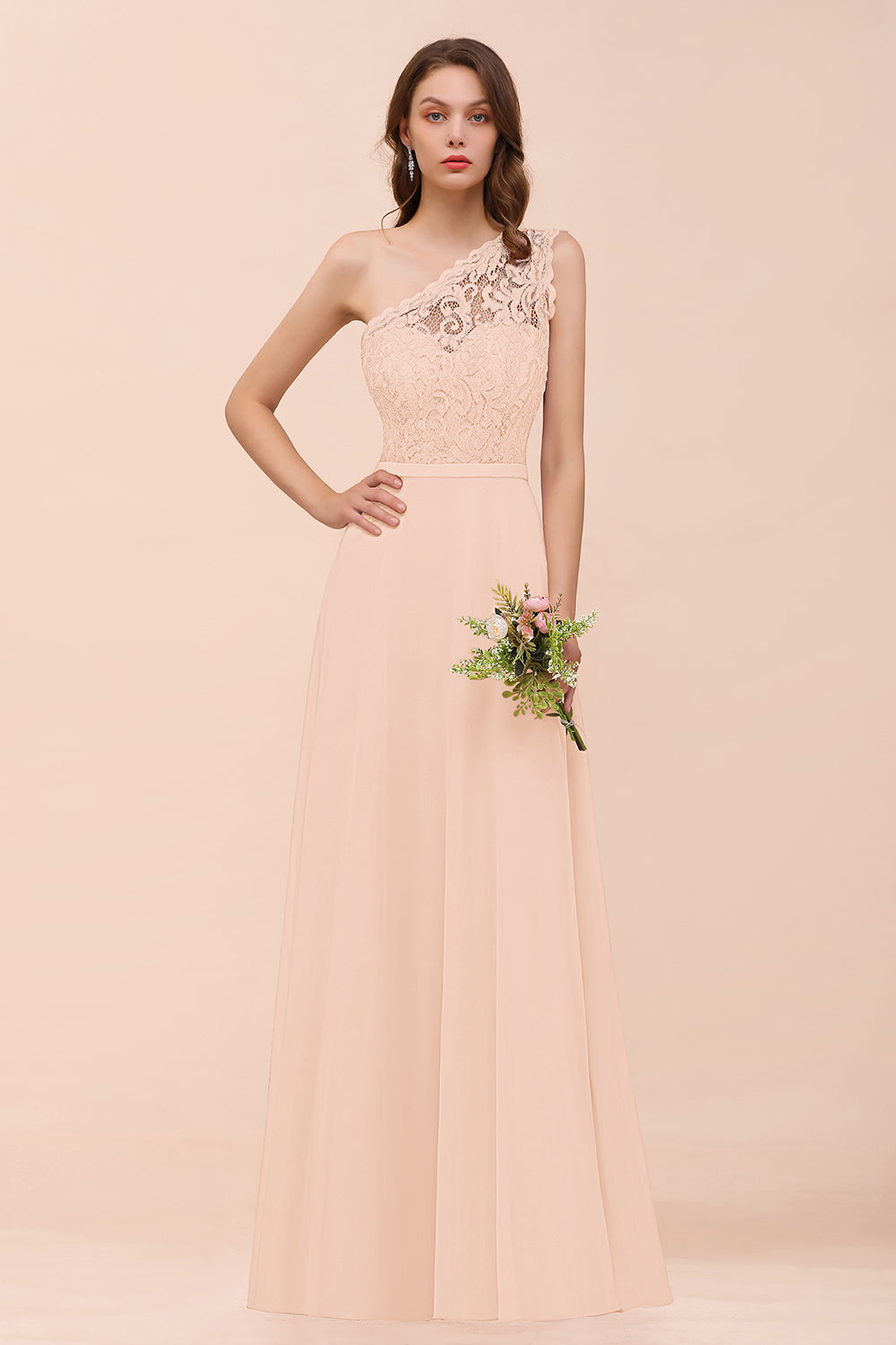 Blush One Shoulder Chiffon A-Line Long Bridesmaid Dress