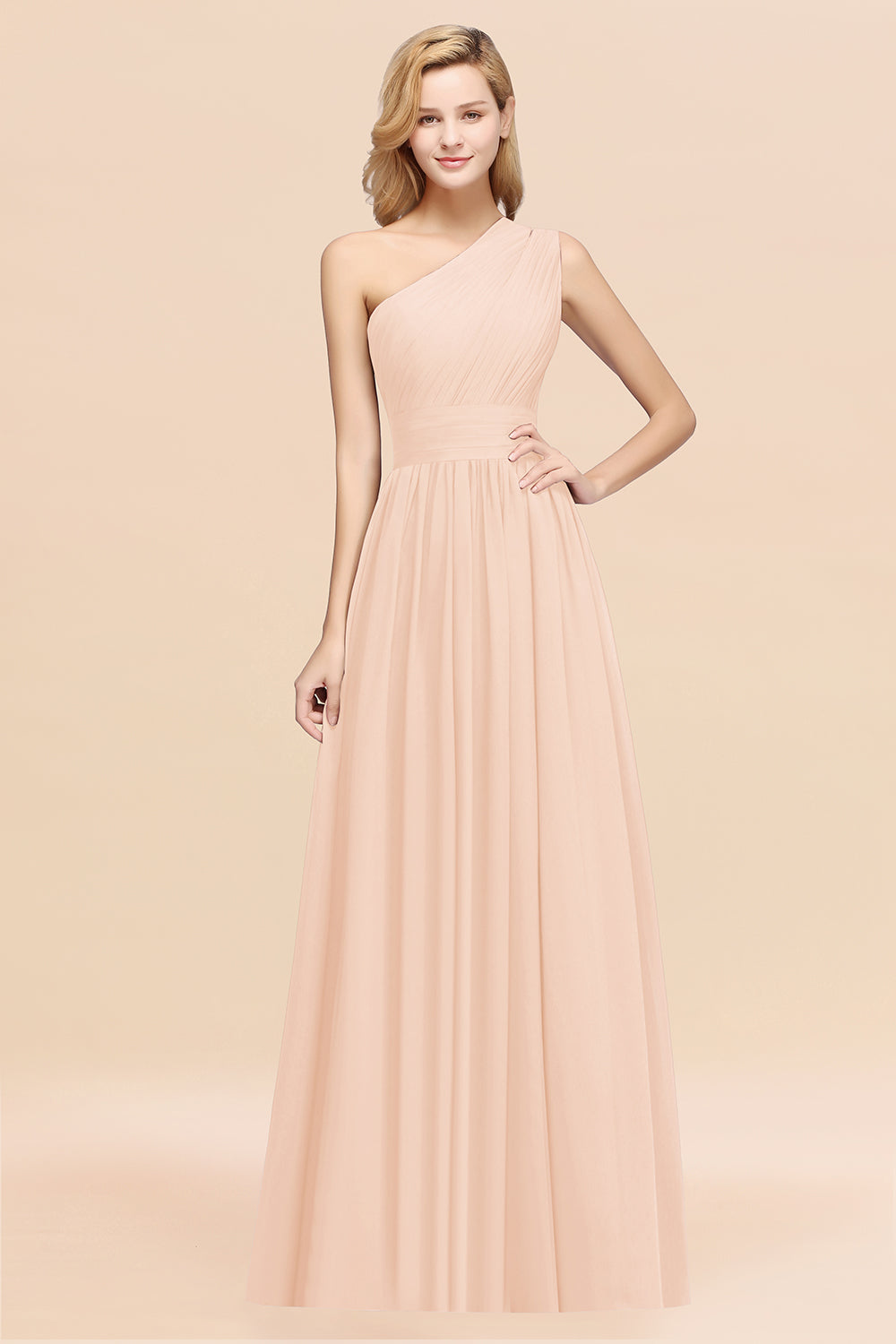 Blush One Shoulder Chiffon A-Line Long Bridesmaid Dress