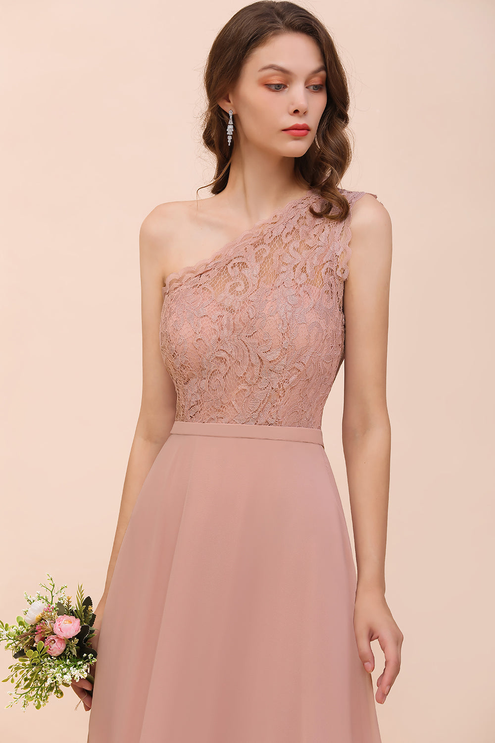 Blush One Shoulder Chiffon A-Line Long Bridesmaid Dress Bodice Detail