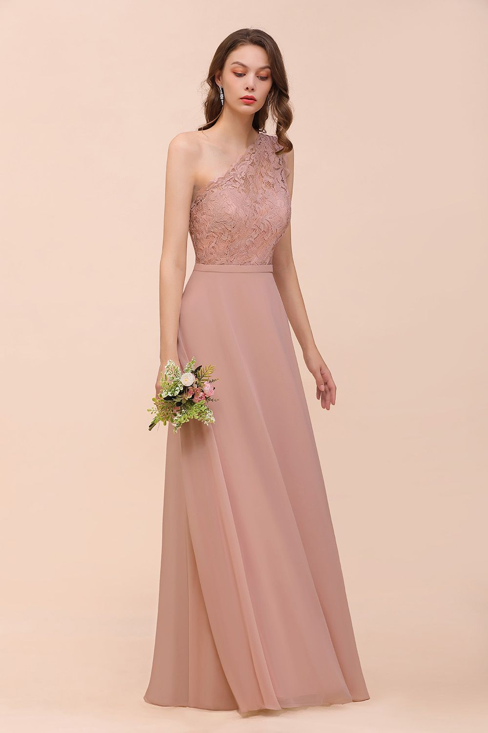 Blush One Shoulder Chiffon A-Line Long Bridesmaid Dress Side View