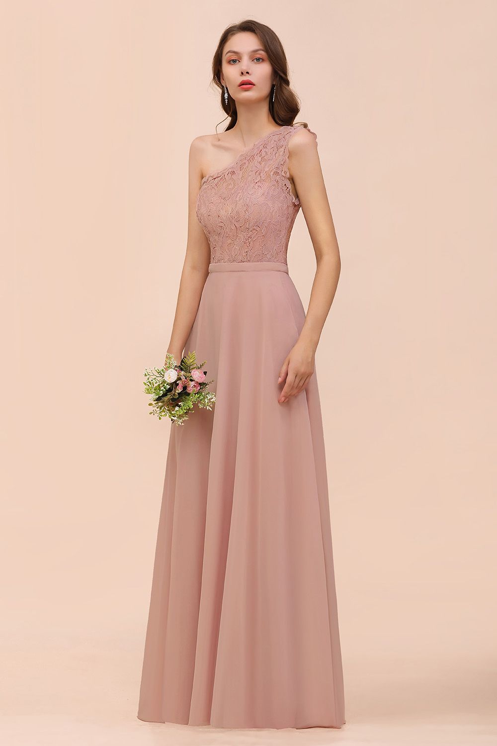 Blush One Shoulder Chiffon A-Line Long Bridesmaid Dress Side View