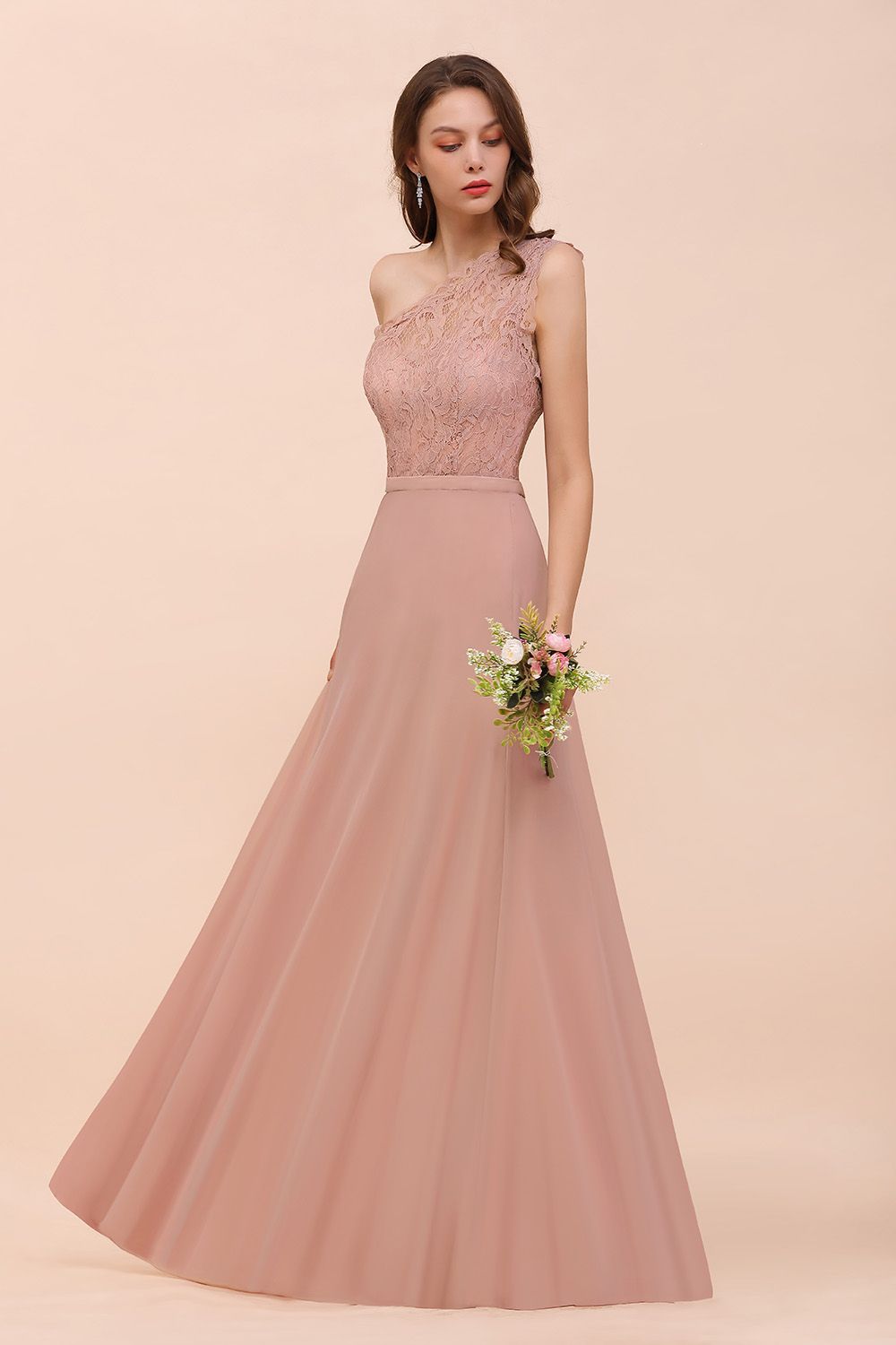 Blush One Shoulder Chiffon A-Line Long Bridesmaid Dress Side View