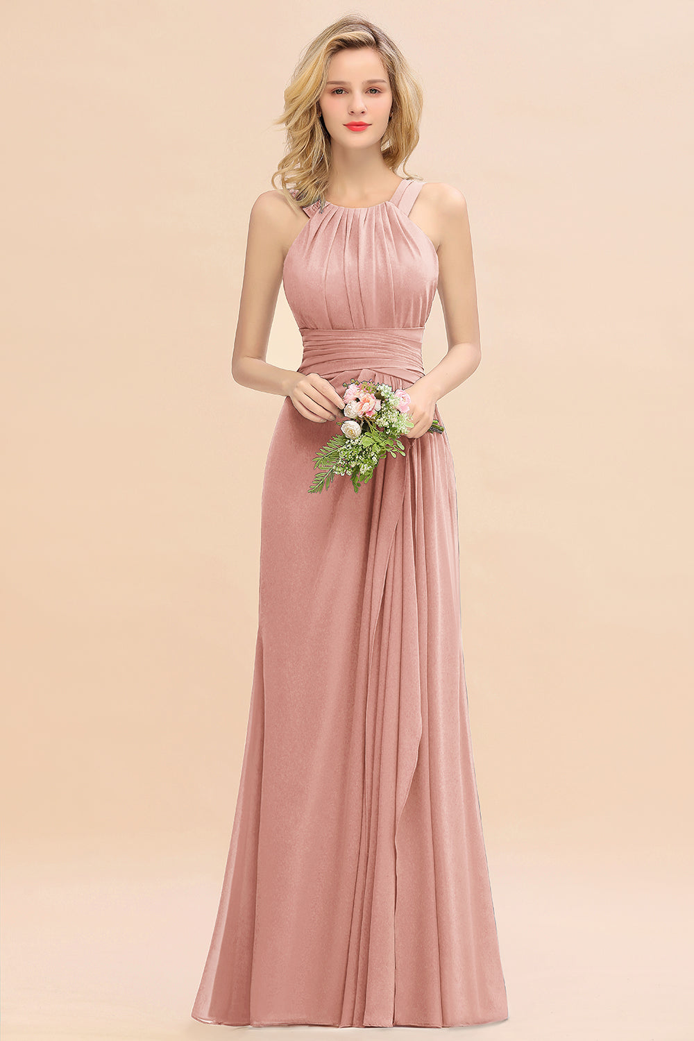 Blush Scoop Neck Chiffon A-Line Long Bridesmaid Dress
