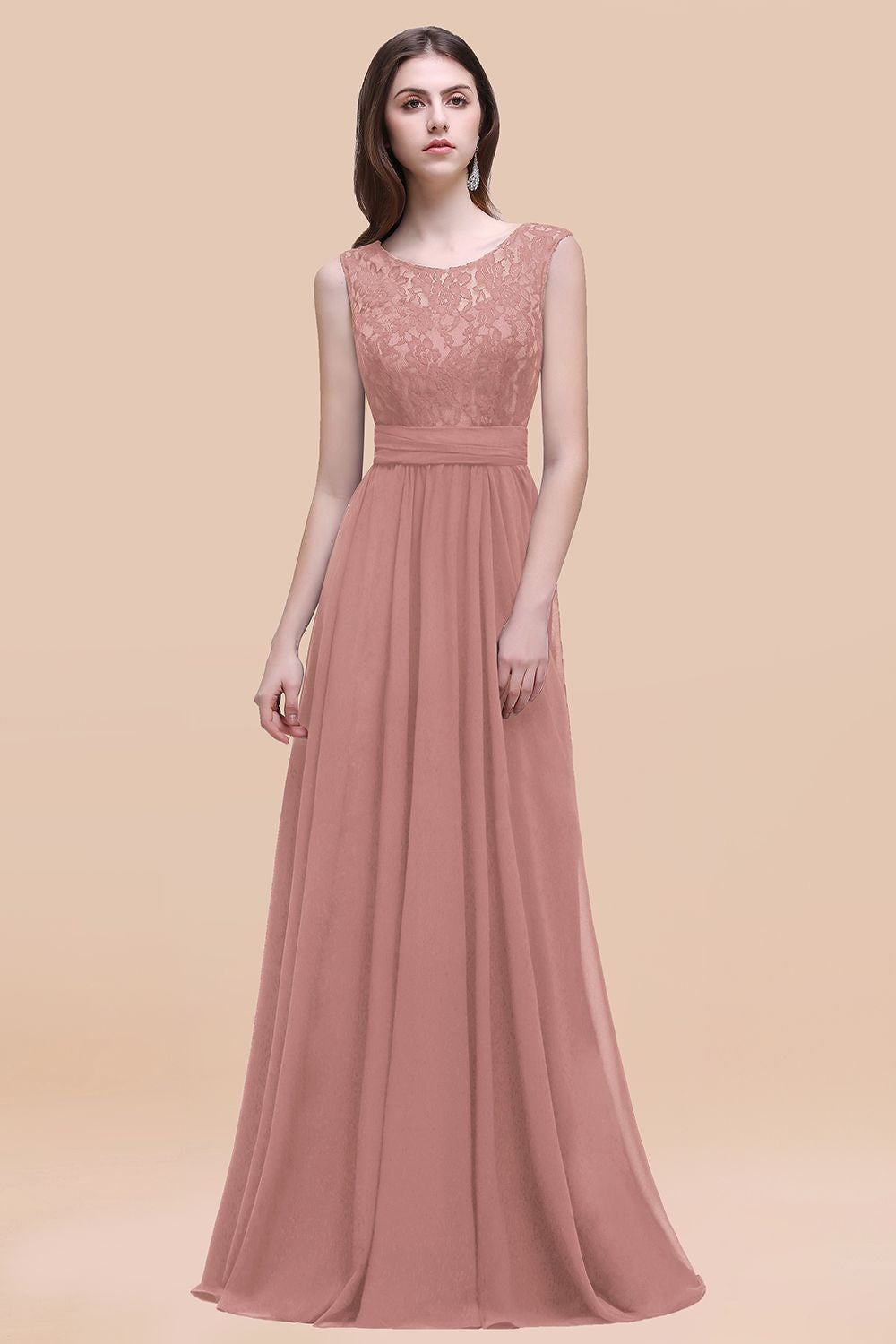Blush Scoop Neck Chiffon A-Line Long Bridesmaid Dress