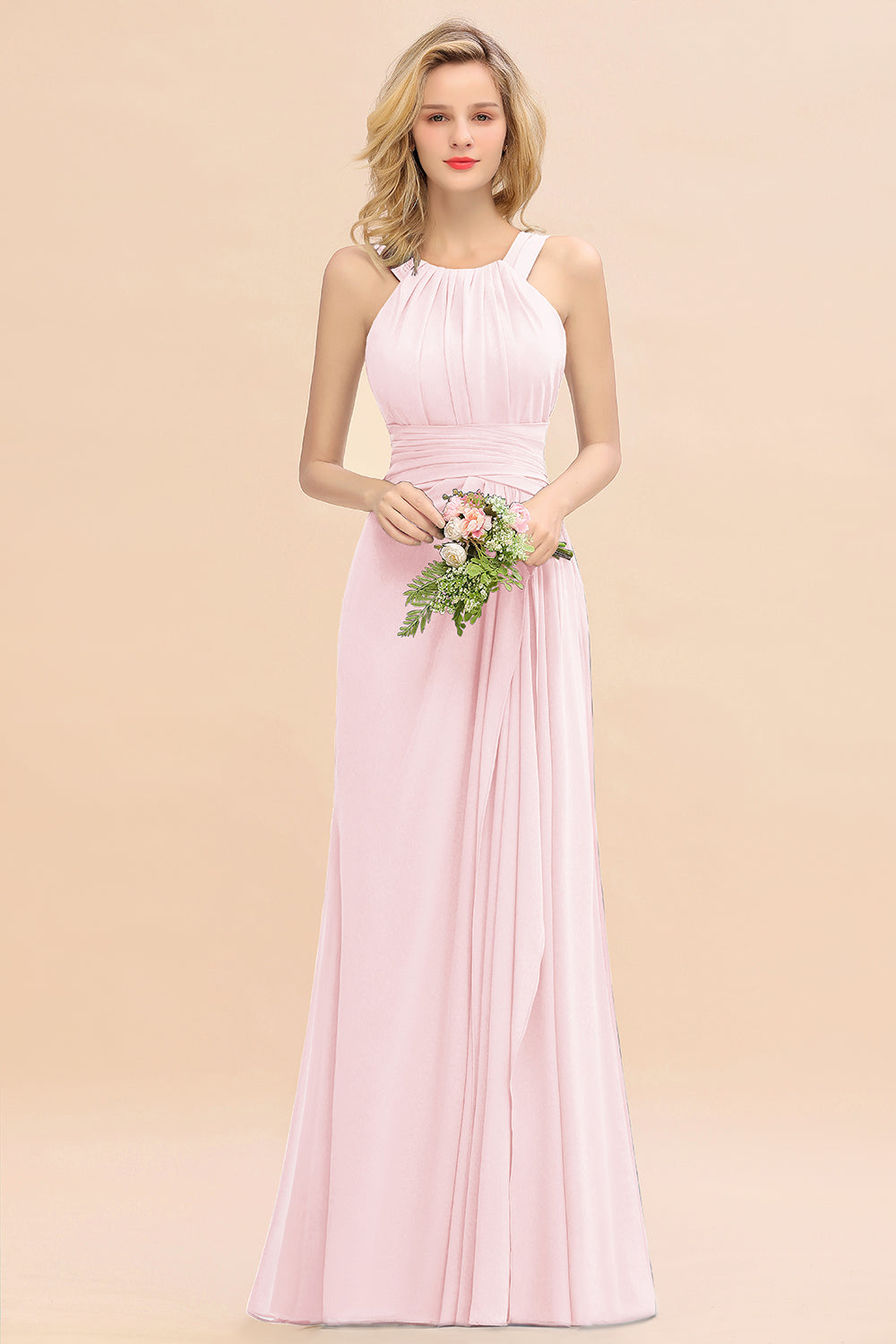 Blush Scoop Neck Chiffon A-Line Long Bridesmaid Dress