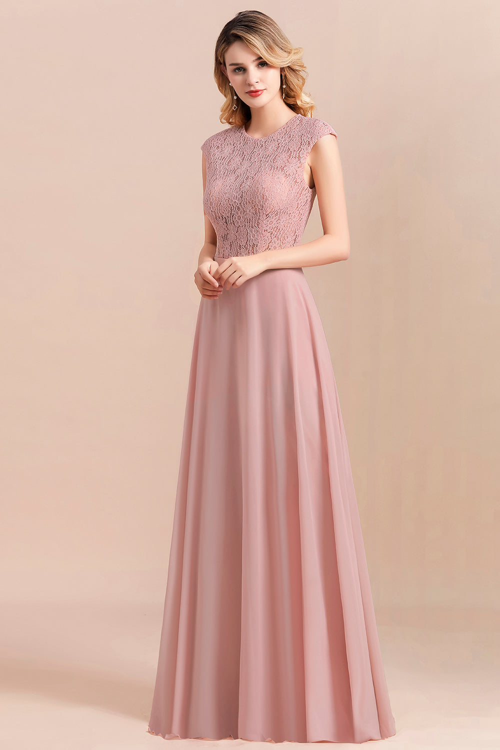 Blush Scoop Neck Chiffon A-Line Long Bridesmaid Dress with Cap Sleeves