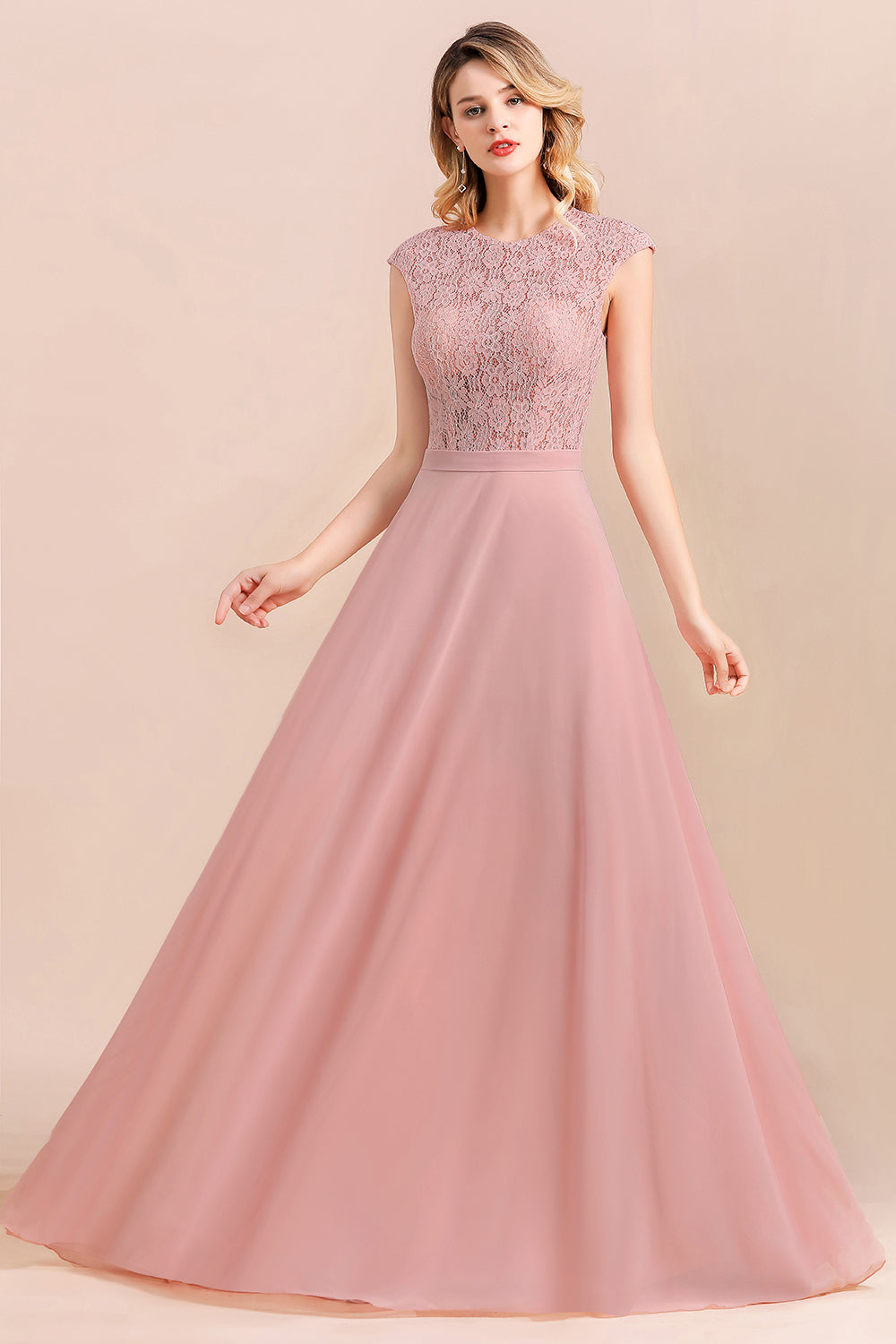 Blush Scoop Neck Chiffon A-Line Long Bridesmaid Dress with Cap Sleeves