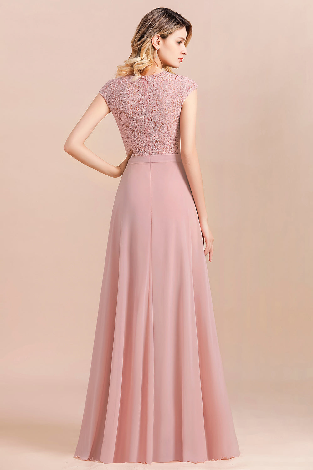 Blush Scoop Neck Chiffon A-Line Long Bridesmaid Dress with Cap Sleeves Back View