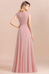 Blush Scoop Neck Chiffon A-Line Long Bridesmaid Dress with Cap Sleeves Back View