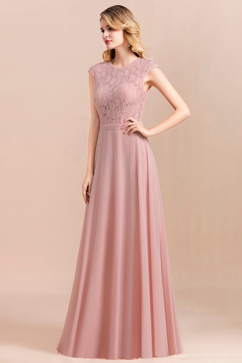 Blush Scoop Neck Chiffon A-Line Long Bridesmaid Dress with Cap Sleeves Side View