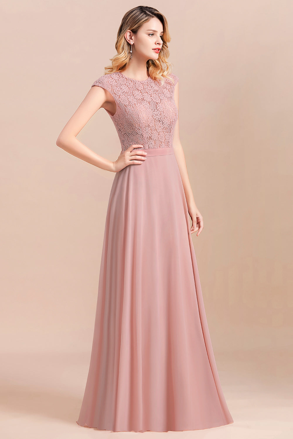 Blush Scoop Neck Chiffon A-Line Long Bridesmaid Dress with Cap Sleeves Side View