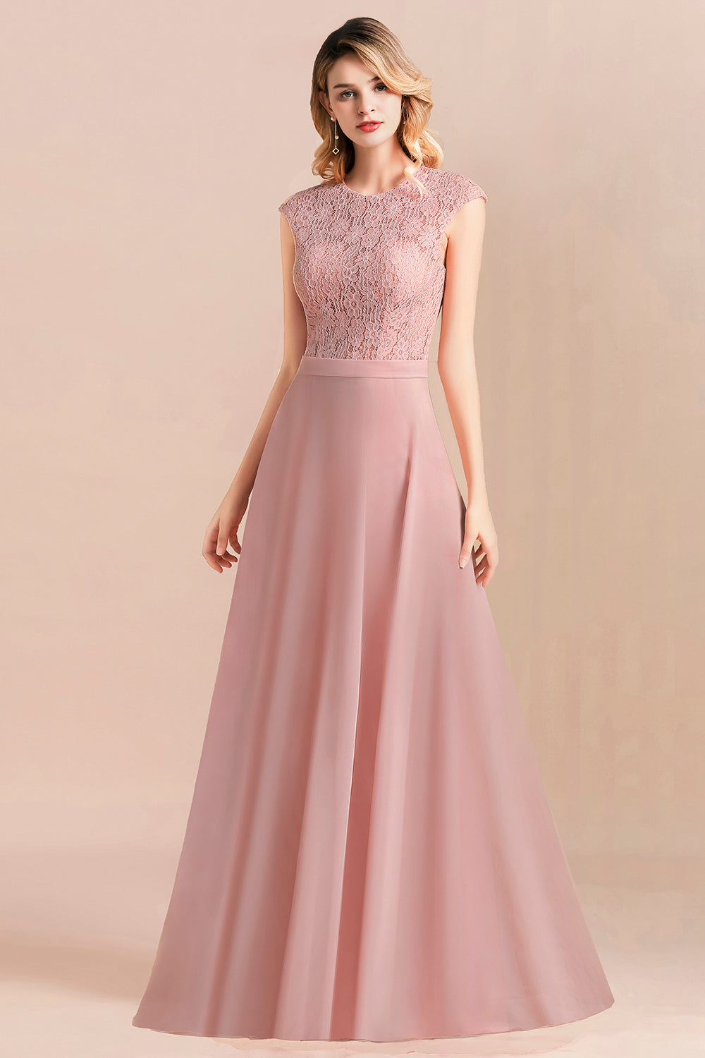 Blush Scoop Neck Chiffon A-Line Long Bridesmaid Dress with Cap Sleeves