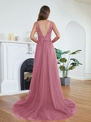 Blush Scoop Neck Tulle A-Line Long Bridesmaid Dress Back View