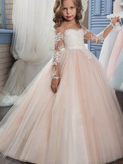 Blush Scoop Neck Tulle Ball Gown Flower Girl Dress with Long Sleeves and Lace Appliques