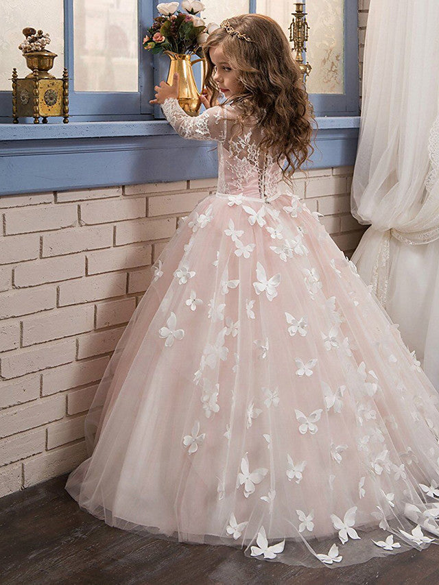 Blush Scoop Neck Tulle Ball Gown Flower Girl Dress with Long Sleeves and Sweep Train Back View