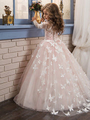 Blush Scoop Neck Tulle Ball Gown Flower Girl Dress with Long Sleeves and Sweep Train Back View