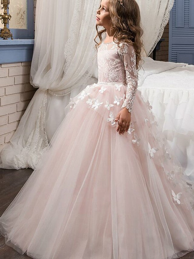 Blush Scoop Neck Tulle Ball Gown Flower Girl Dress with Long Sleeves and Sweep Train
