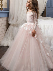 Blush Scoop Neck Tulle Ball Gown Flower Girl Dress with Long Sleeves and Sweep Train