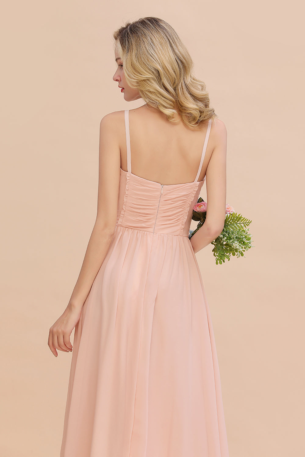 Blush Sweetheart Chiffon A-Line Long Bridesmaid Dress Back Detail