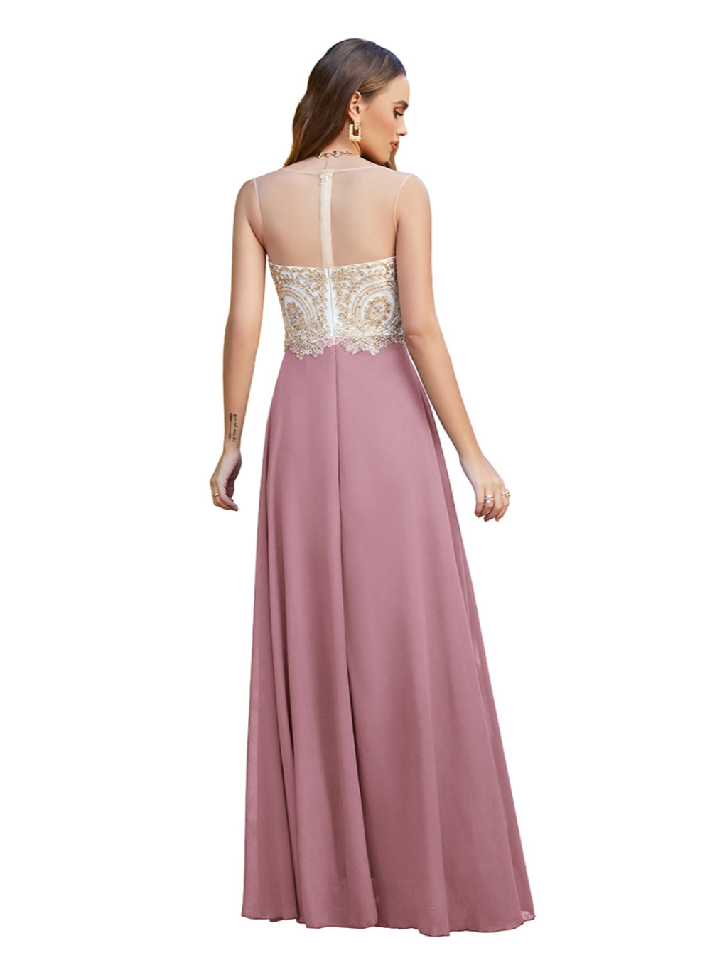 Blush Sweetheart Chiffon A-Line Long Bridesmaid Dress Back View