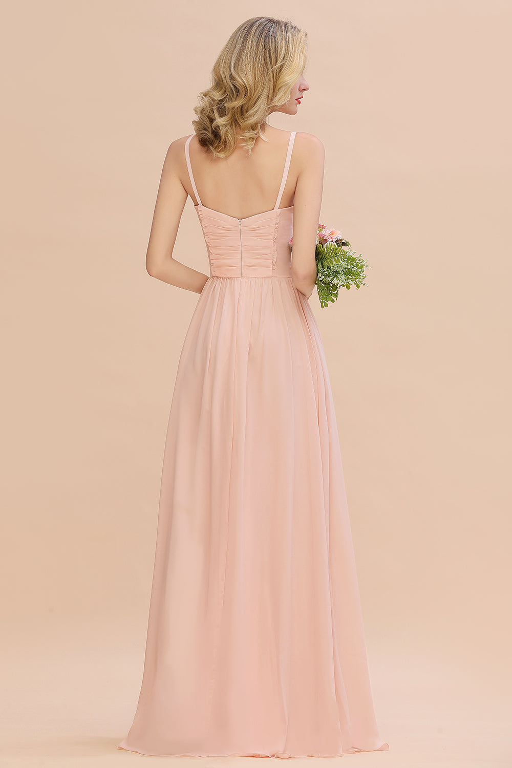Blush Sweetheart Chiffon A-Line Long Bridesmaid Dress Back View
