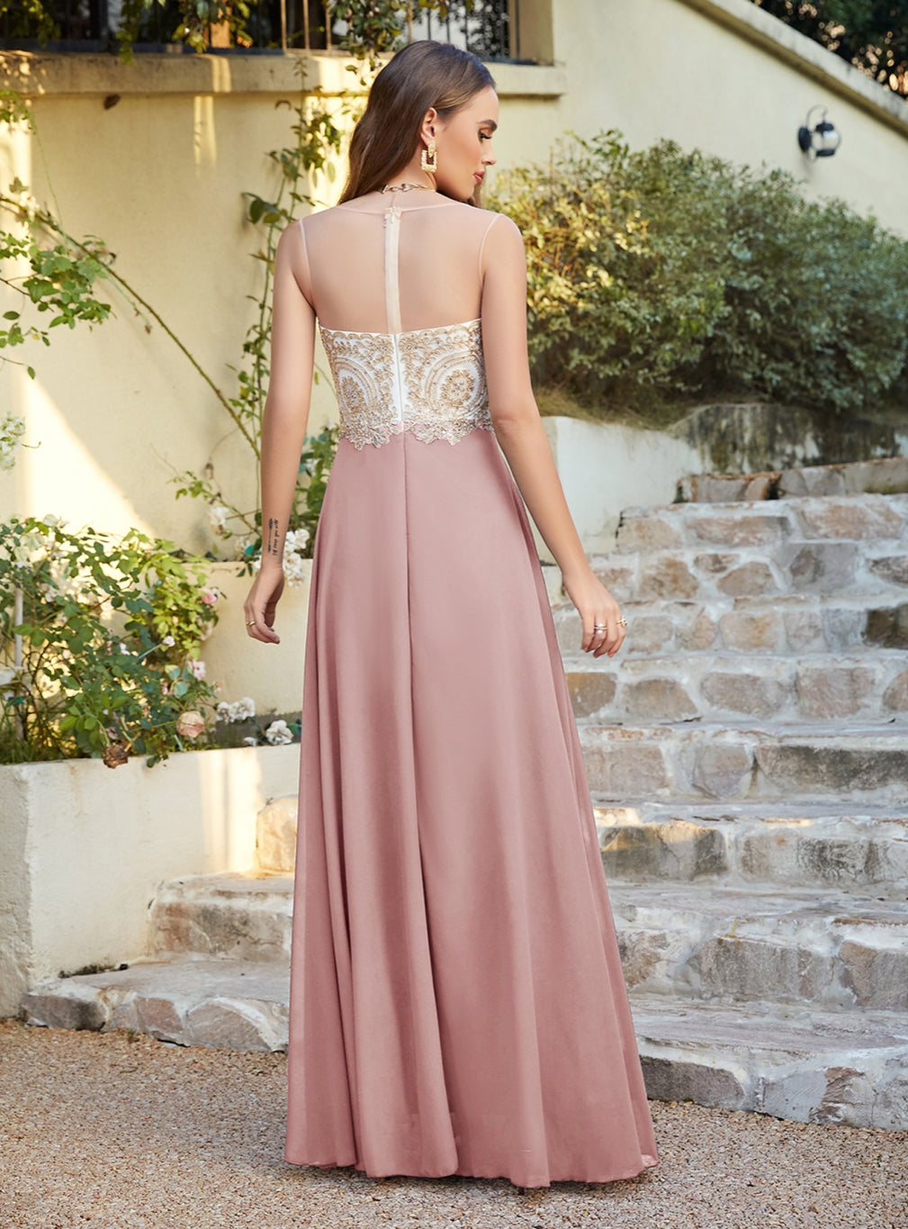 Blush Sweetheart Chiffon A-Line Long Bridesmaid Dress Back View