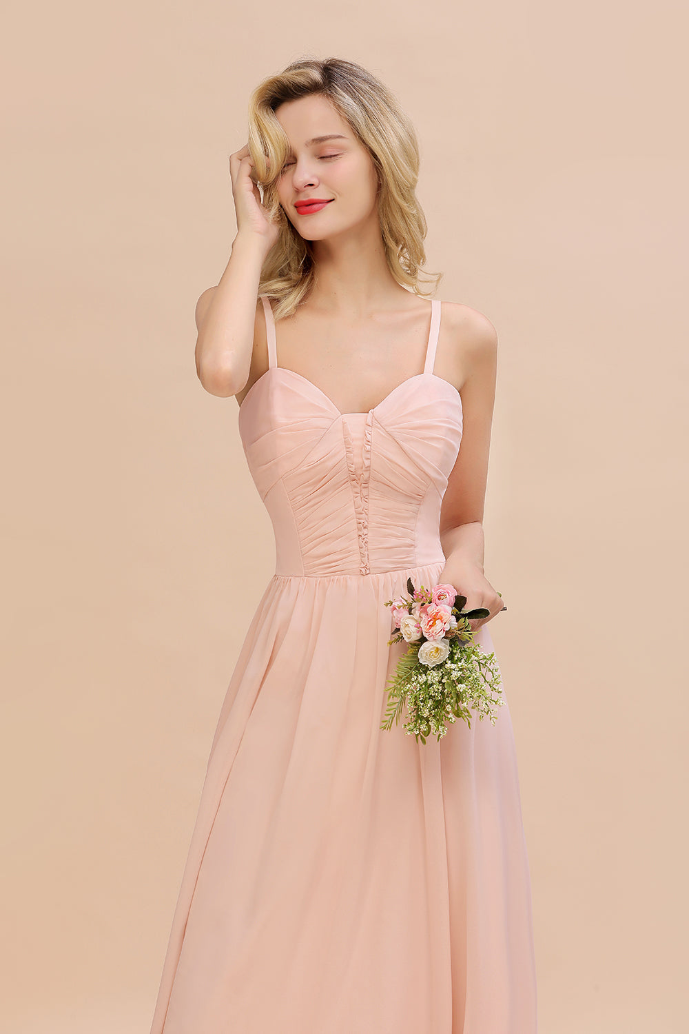 Blush Sweetheart Chiffon A-Line Long Bridesmaid Dress Bodice Detail