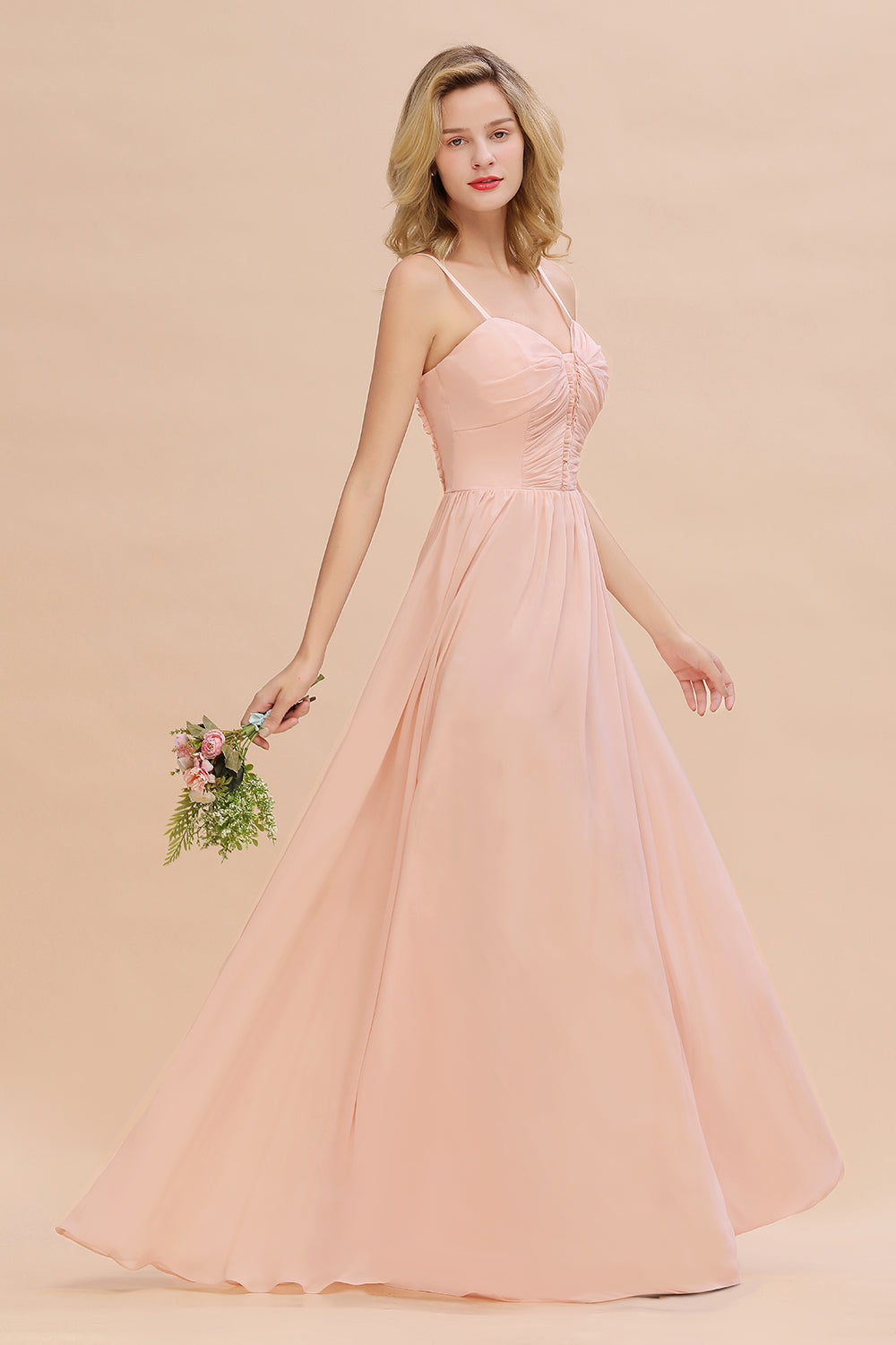 Blush Sweetheart Chiffon A-Line Long Bridesmaid Dress Side View
