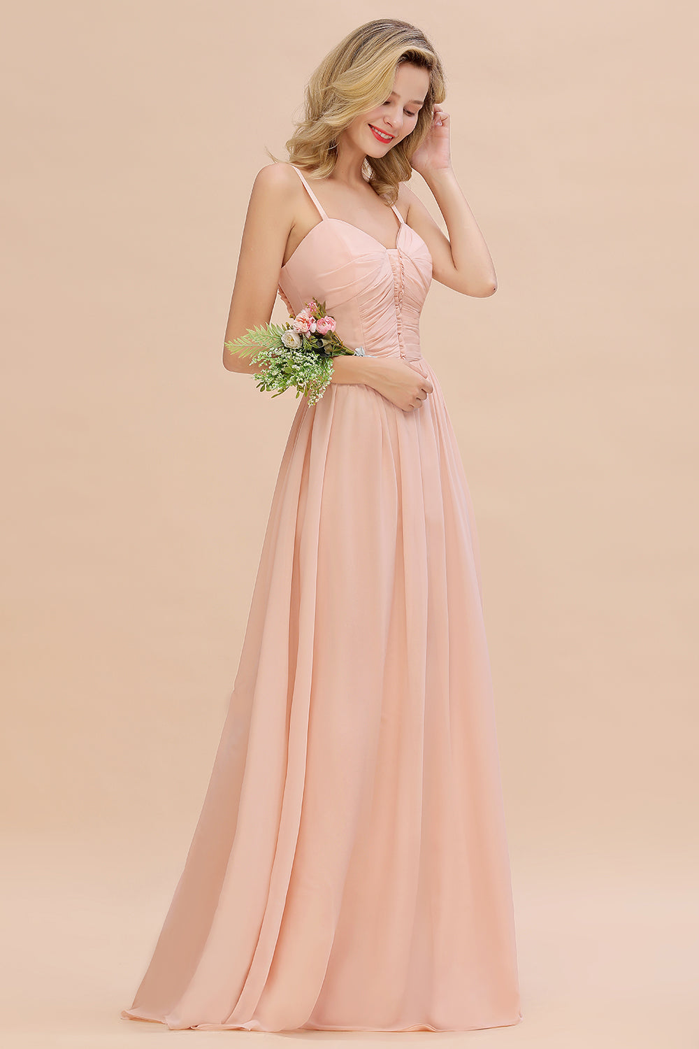 Blush Sweetheart Chiffon A-Line Long Bridesmaid Dress Side View