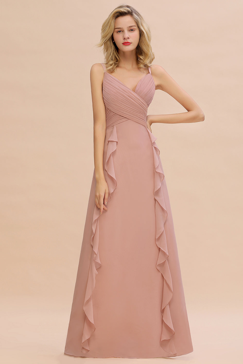 Blush Sweetheart Chiffon A-Line Long Bridesmaid Dress with Ruching