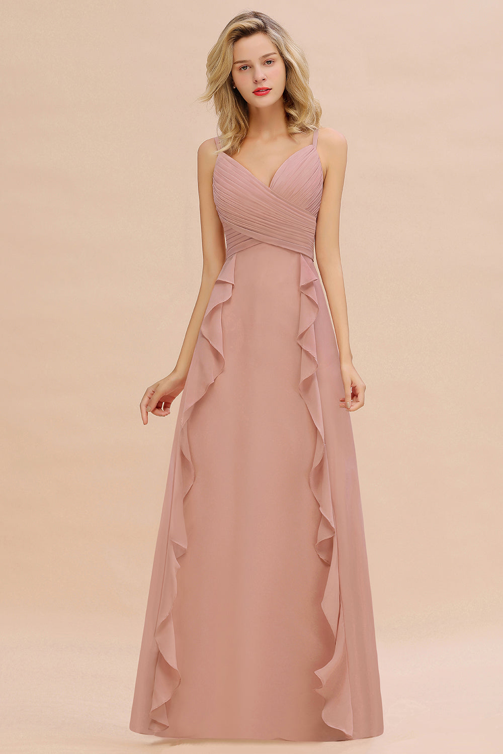 Blush Sweetheart Chiffon A-Line Long Bridesmaid Dress with Ruching