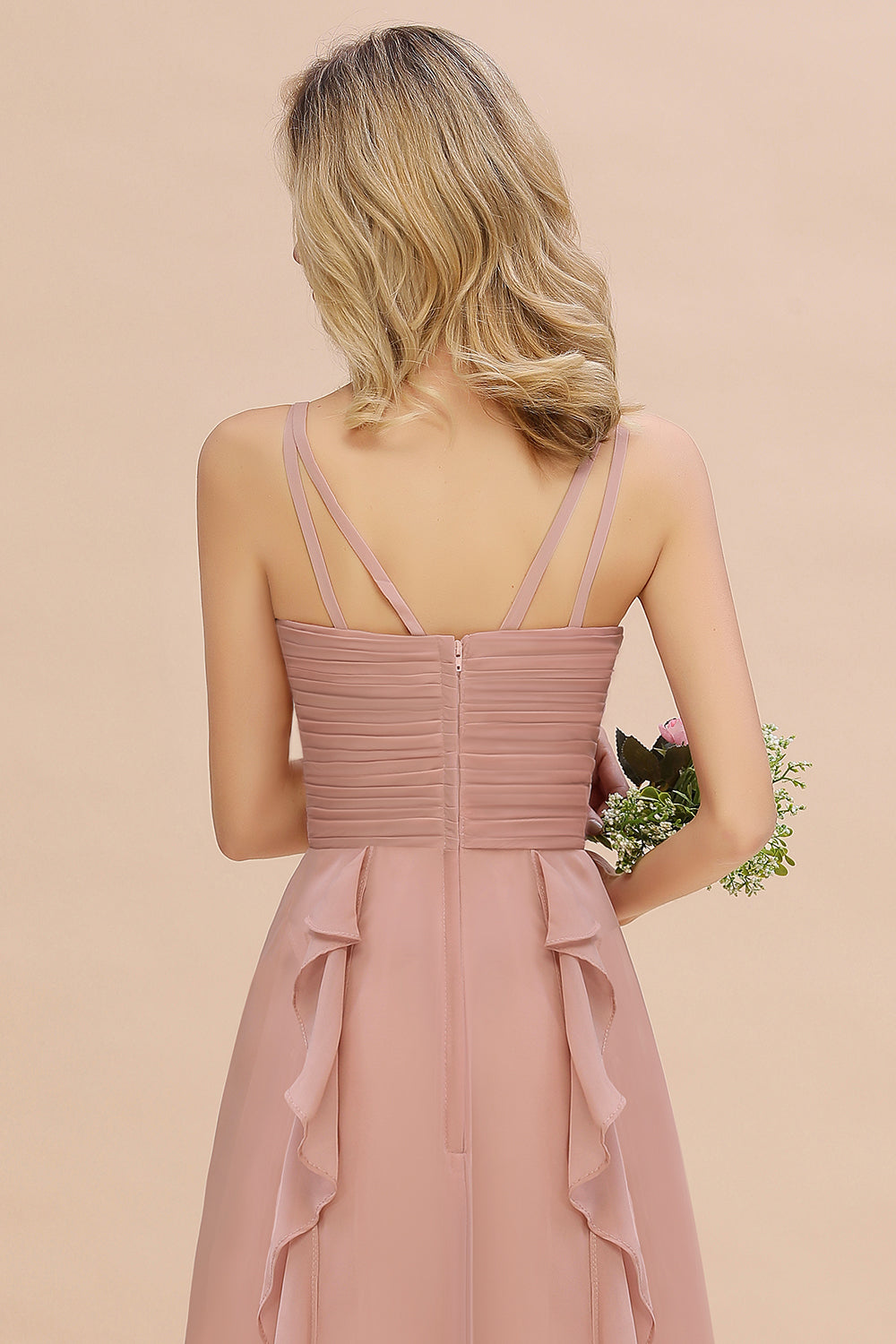 Blush Sweetheart Chiffon A-Line Long Bridesmaid Dress with Ruching Back Detail