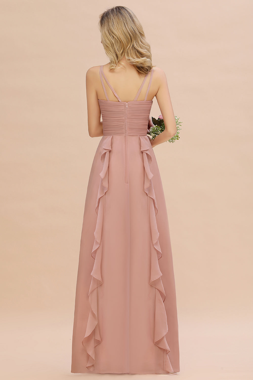 Blush Sweetheart Chiffon A-Line Long Bridesmaid Dress with Ruching Back View