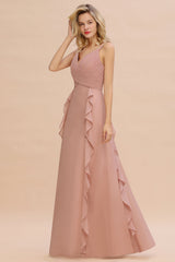 Blush Sweetheart Chiffon A-Line Long Bridesmaid Dress with Ruching Side View