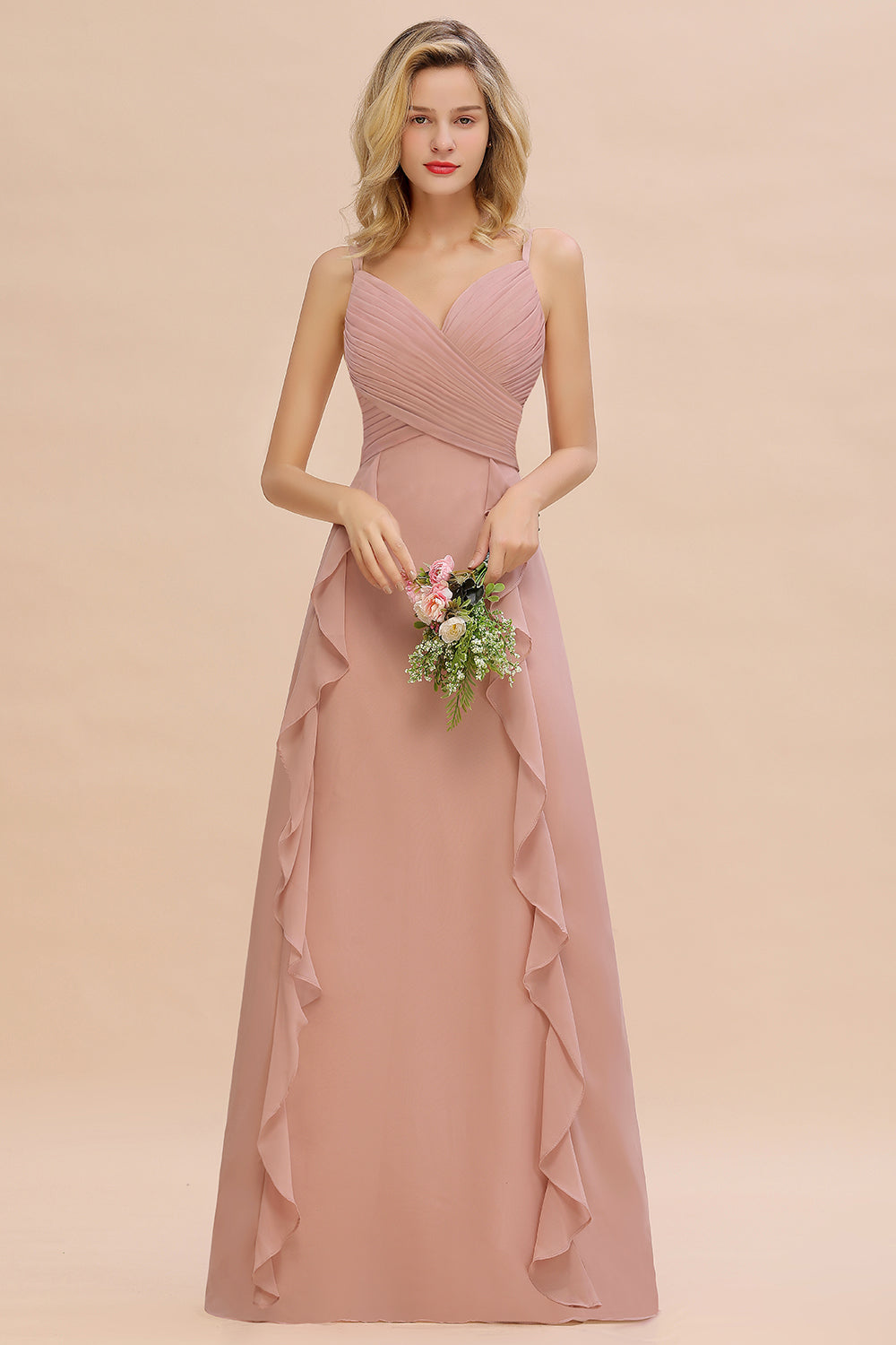 Blush Sweetheart Chiffon A-Line Long Bridesmaid Dress with Ruching