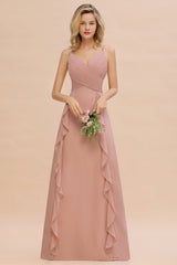 Blush Sweetheart Chiffon A-Line Long Bridesmaid Dress with Ruching