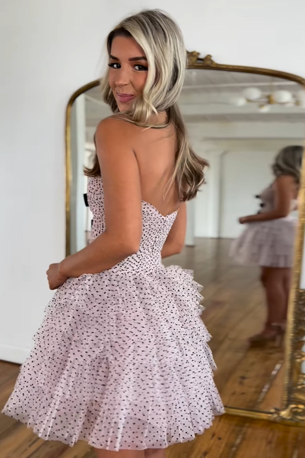 Blush Sweetheart Tulle A-Line Homecoming Dress with Bow Back View