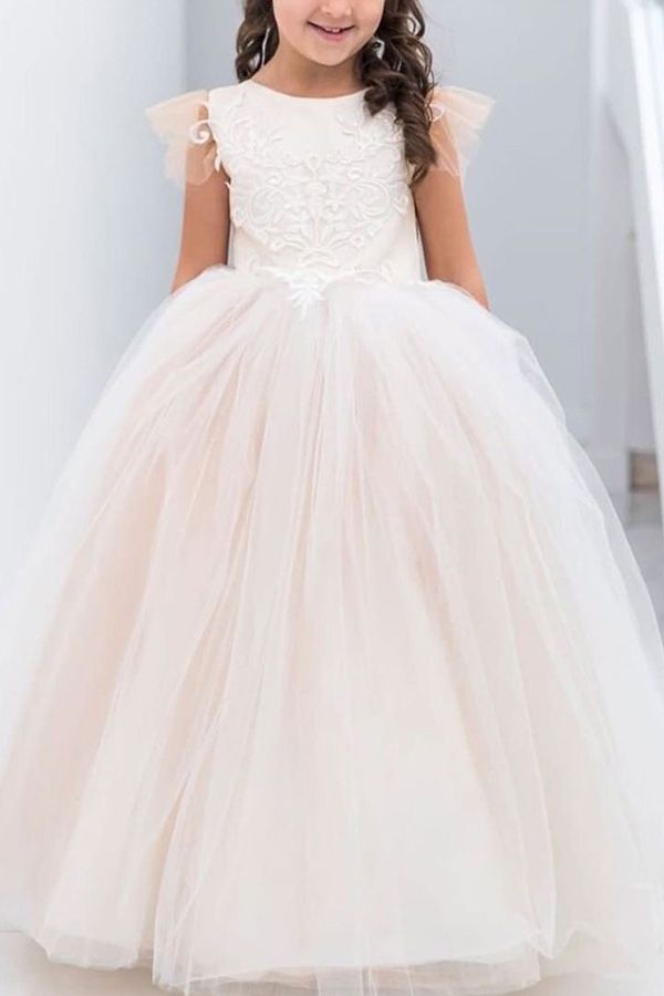 Blush Tulle Ball Gown Flower Girl Dress with Lace Appliques and Bow