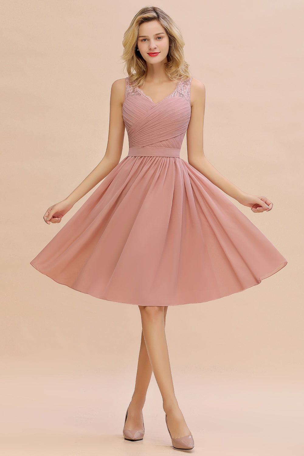 Blush V-Neck Chiffon A-Line Bridesmaid Dress with Lace Appliques