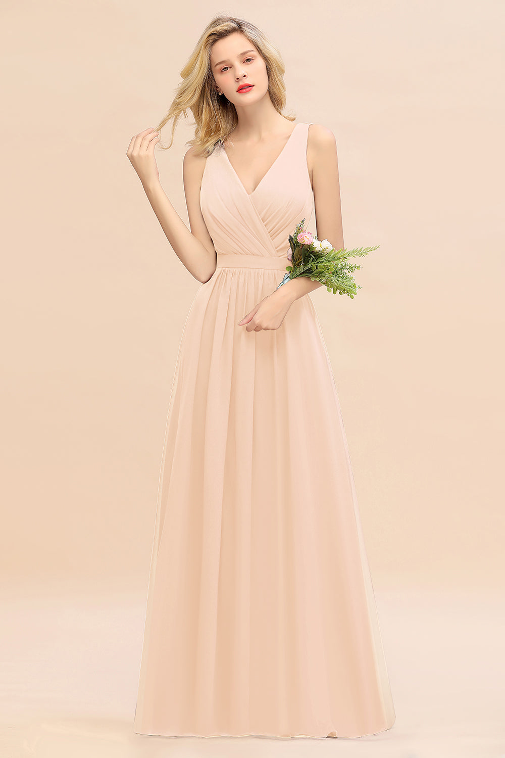 Blush V-Neck Chiffon A-Line Long Bridesmaid Dress with Ruching