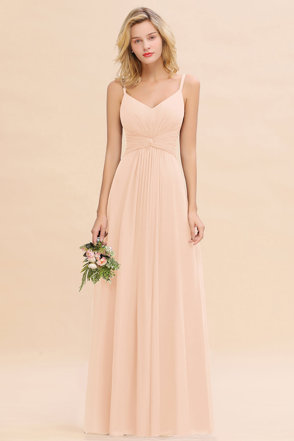 Blush V-Neck Chiffon A-Line Long Bridesmaid Dress with Ruching