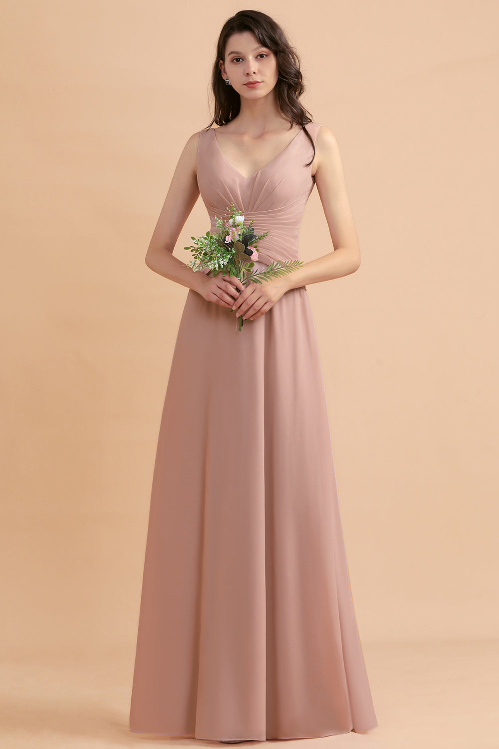 Blush V-Neck Chiffon A-Line Long Bridesmaid Dress with Ruching