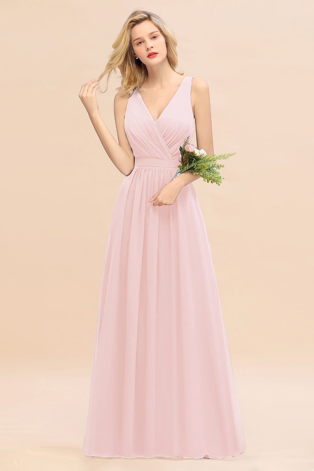Blush V-Neck Chiffon A-Line Long Bridesmaid Dress with Ruching