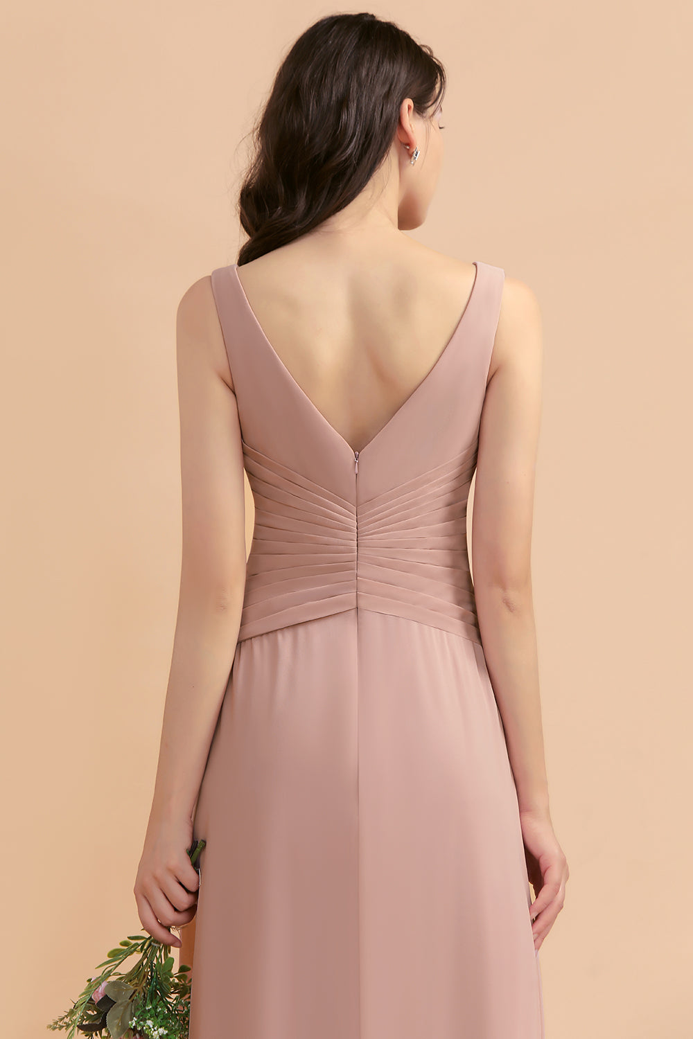 Blush V-Neck Chiffon A-Line Long Bridesmaid Dress with Ruching Back Detail