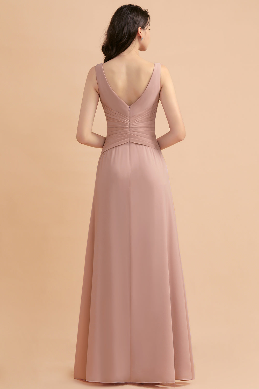 Blush V-Neck Chiffon A-Line Long Bridesmaid Dress with Ruching Back View