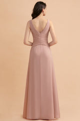 Blush V-Neck Chiffon A-Line Long Bridesmaid Dress with Ruching Back View