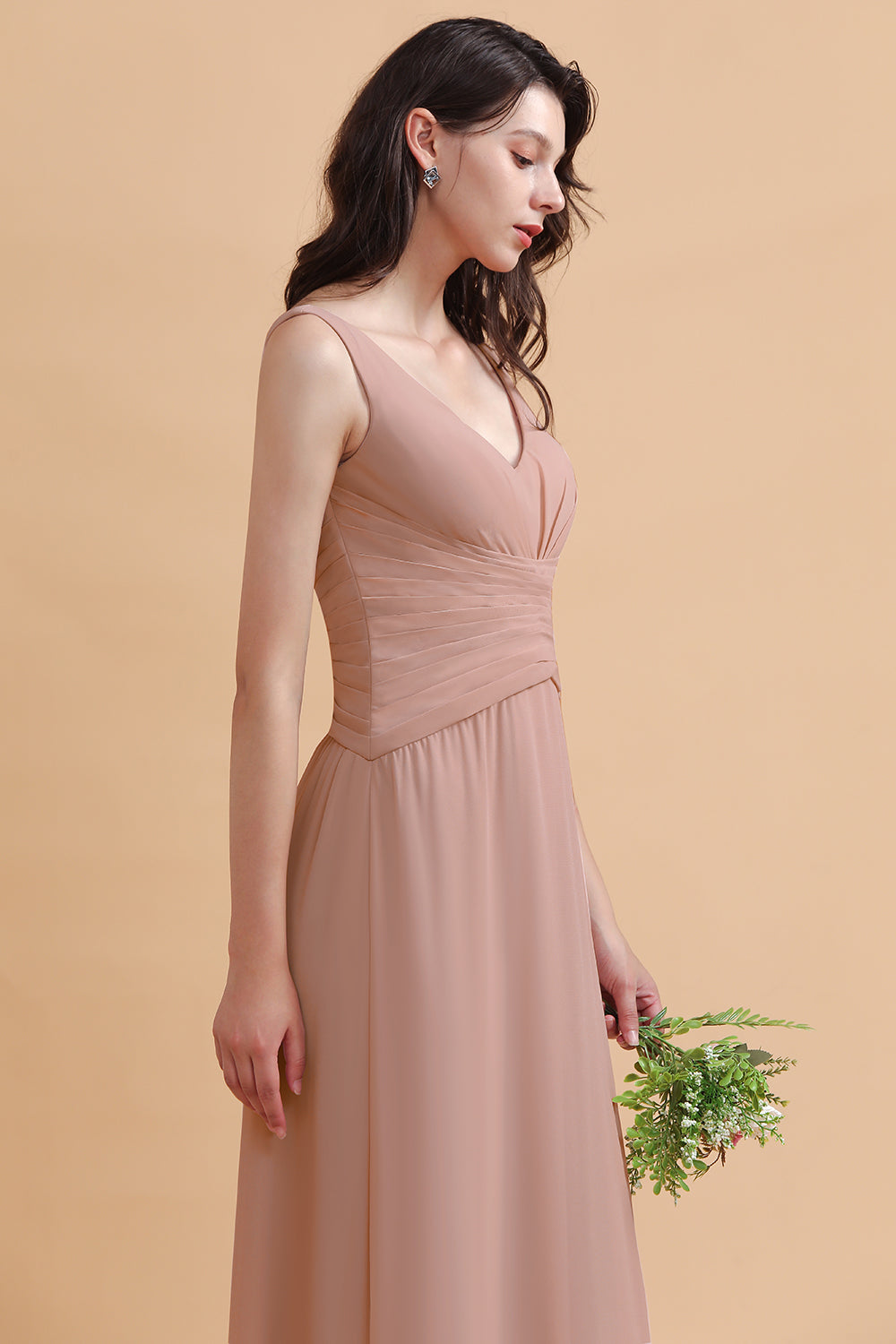 Blush V-Neck Chiffon A-Line Long Bridesmaid Dress with Ruching Bodice Detail